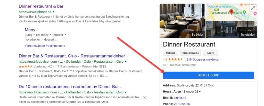 Bestill bord direkte ved Google søk